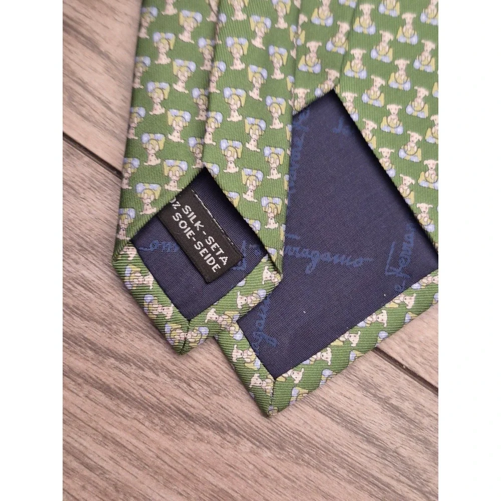 Salvatore Ferragamo Mens Silk Tie Green Whimsical Dog Animal Print Made in Italy